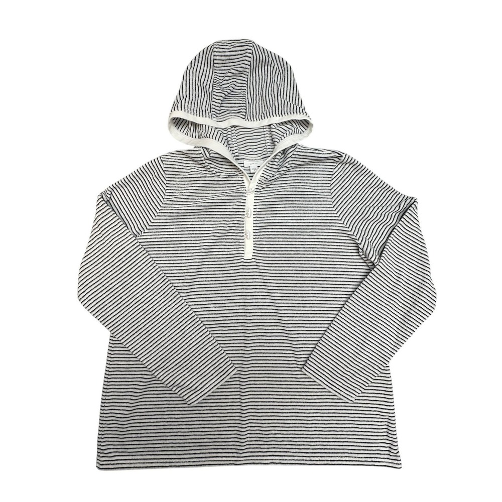 J. Jill Fit Hoodie Womens Medium White Striped Terry Henley Long Sleeve Pullover